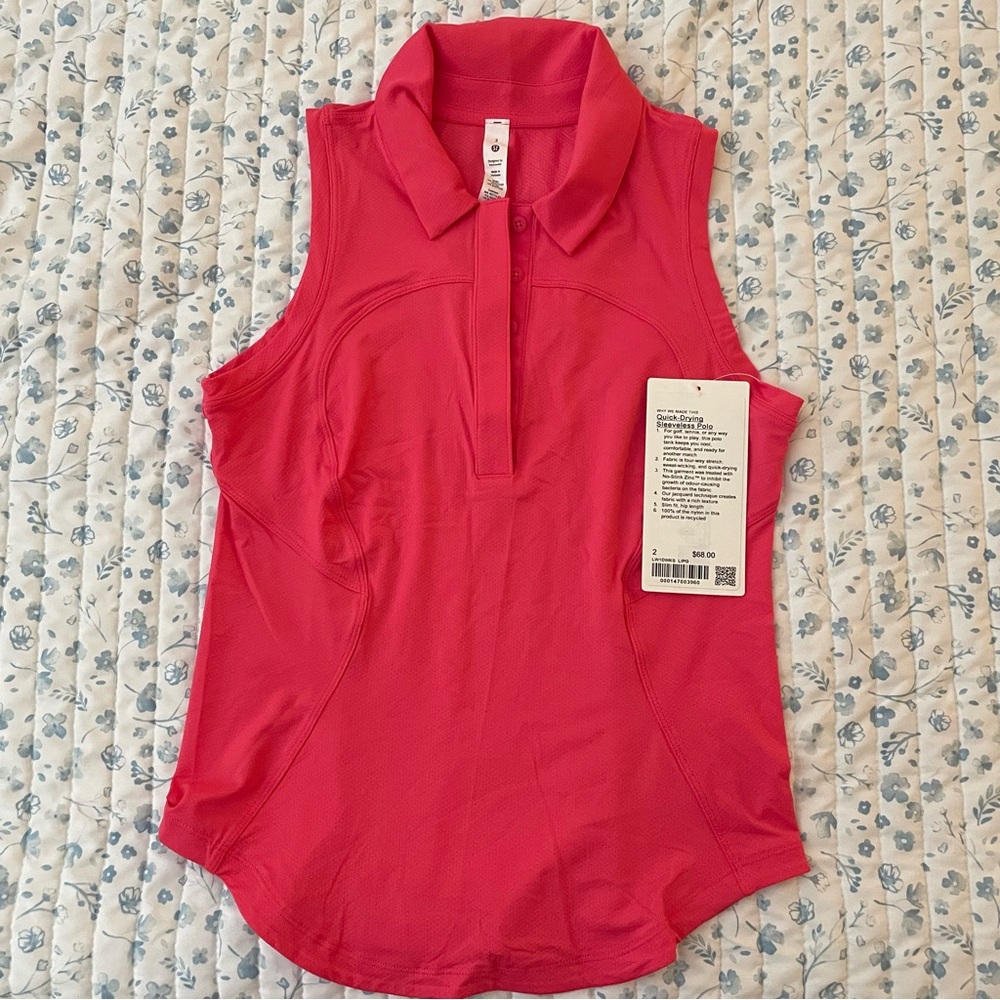 BNWT lululemon Quick Dry Sleeveless Polo Shirt in Lipgloss Sz 2